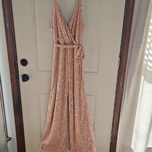 New With Tags Cider Shimmering Champagne Sequin Jumpsuit Size Large